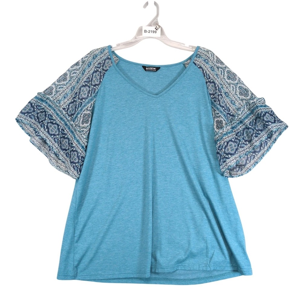 BloomChic Blue Paisley Blouse Top Womens L Sheer Bell Sleeve Ruffle Boho Coastal
